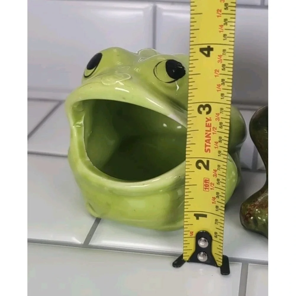 2 Vintage Frogs Ceramic Open Mouth Succulent Planters Pots Or Sponge Holders Set